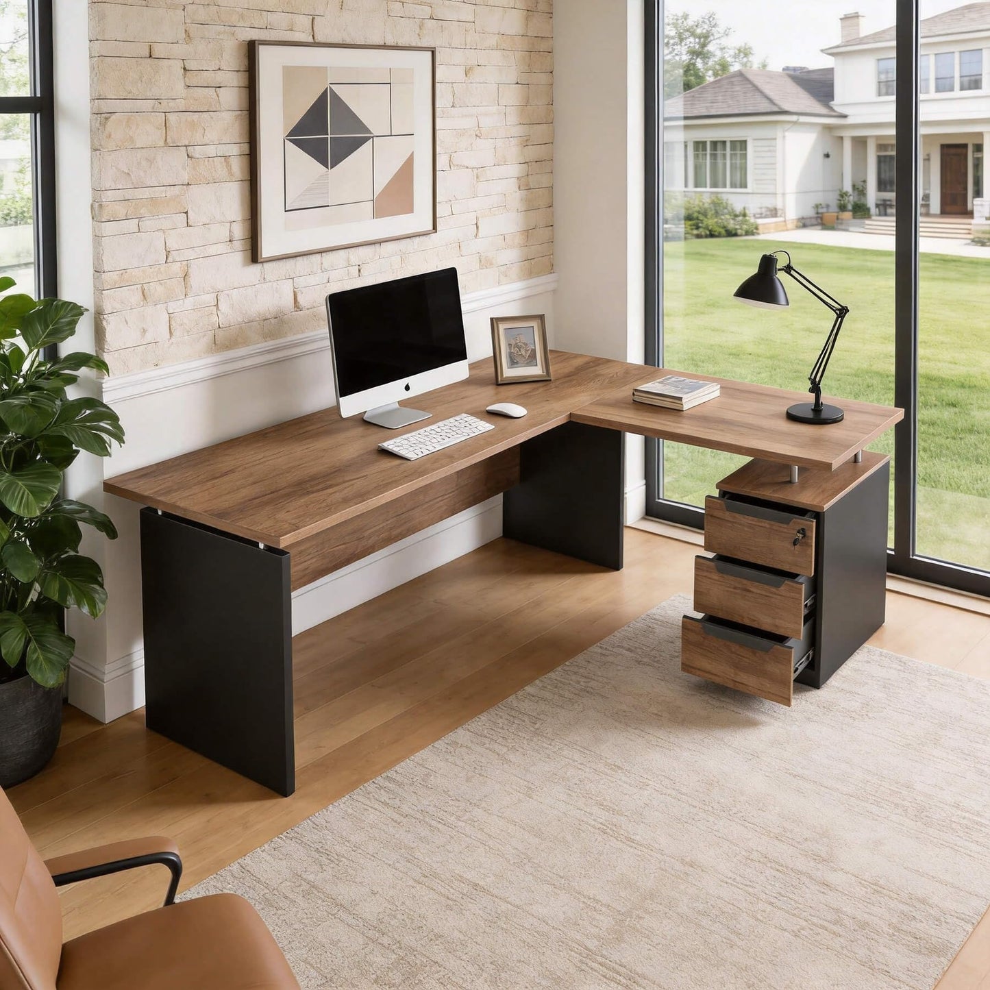 63 Inch L-Shaped Executive Desk Set of 4, Industrial Modern Wood Office Desk with 3 Drawers, Built-in Cable Management & Power Outlet, Real Wood Finish, Reversible Left/Right Return Home Workstation