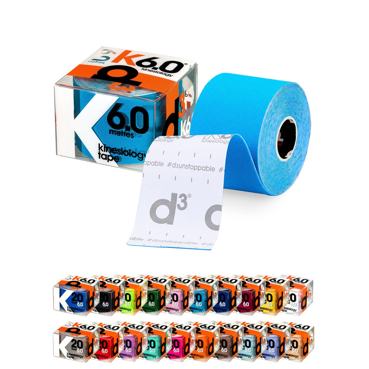 d3 K6.0 Kinesiology Tape 2in x 20Ft – Electric Blue Athletic Tape for Joint Support, Pain Relief & Muscle Recovery | Water Resistant & Hypoallergenic for Knee, Shoulder & Back – Uncut Roll