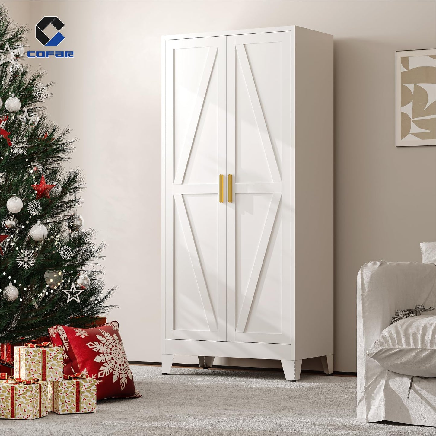 COFaR Metal Wardrobe Closet with Doors, 71'' Tall Steel Bedroom Armoire with Adjustable Hanging Rod and Shelves, Broom Closet Storage Cabinet for Garage Laundry Office, Farmhouse White