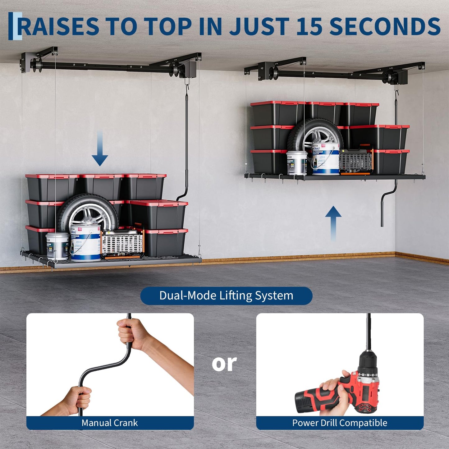 Overhead Garage Storage Rack, Adjustable 4x4 ft Ceiling Mounted Storage Racks with Dual Locking Safety System, 350 Lb Capacity Overhead Garage Storage Rack for Garage Ceiling Storage, Great for Bins