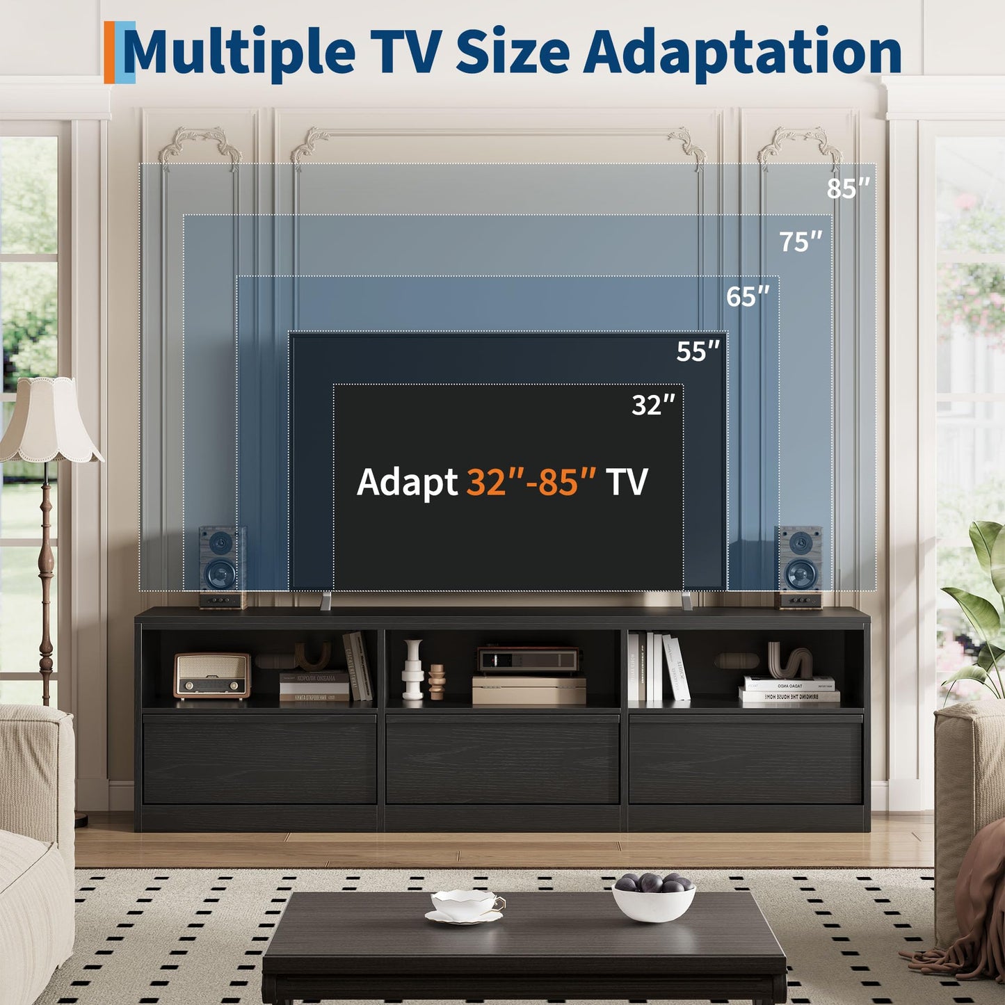 IDEALHOUSE 70" TV Stand for 75 80 Inch TV, Mid-Century Modern Entertainment Center with Storage Drawer & Open Shelves, Wood Media Console Table for Living Room & Bedroom, Black