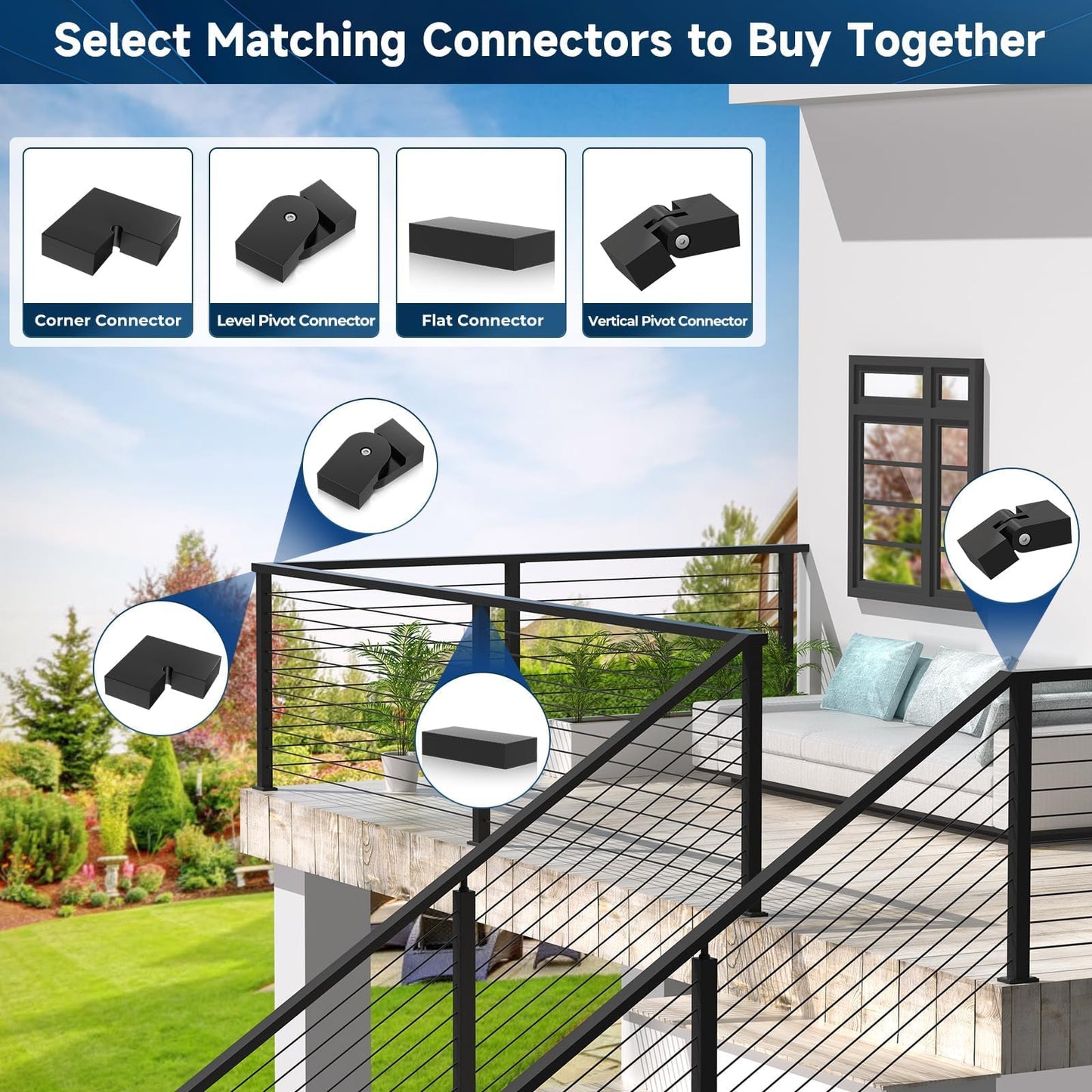 Gyykzz 5FT Black Handrail with POM Connector, 2 Pack Stainless Steel T304 Rectangular Cable Railing Handrail Flat Deck Top Rail with Metal End Caps for Indoor Outdoor Deck Stair Cable Railing System