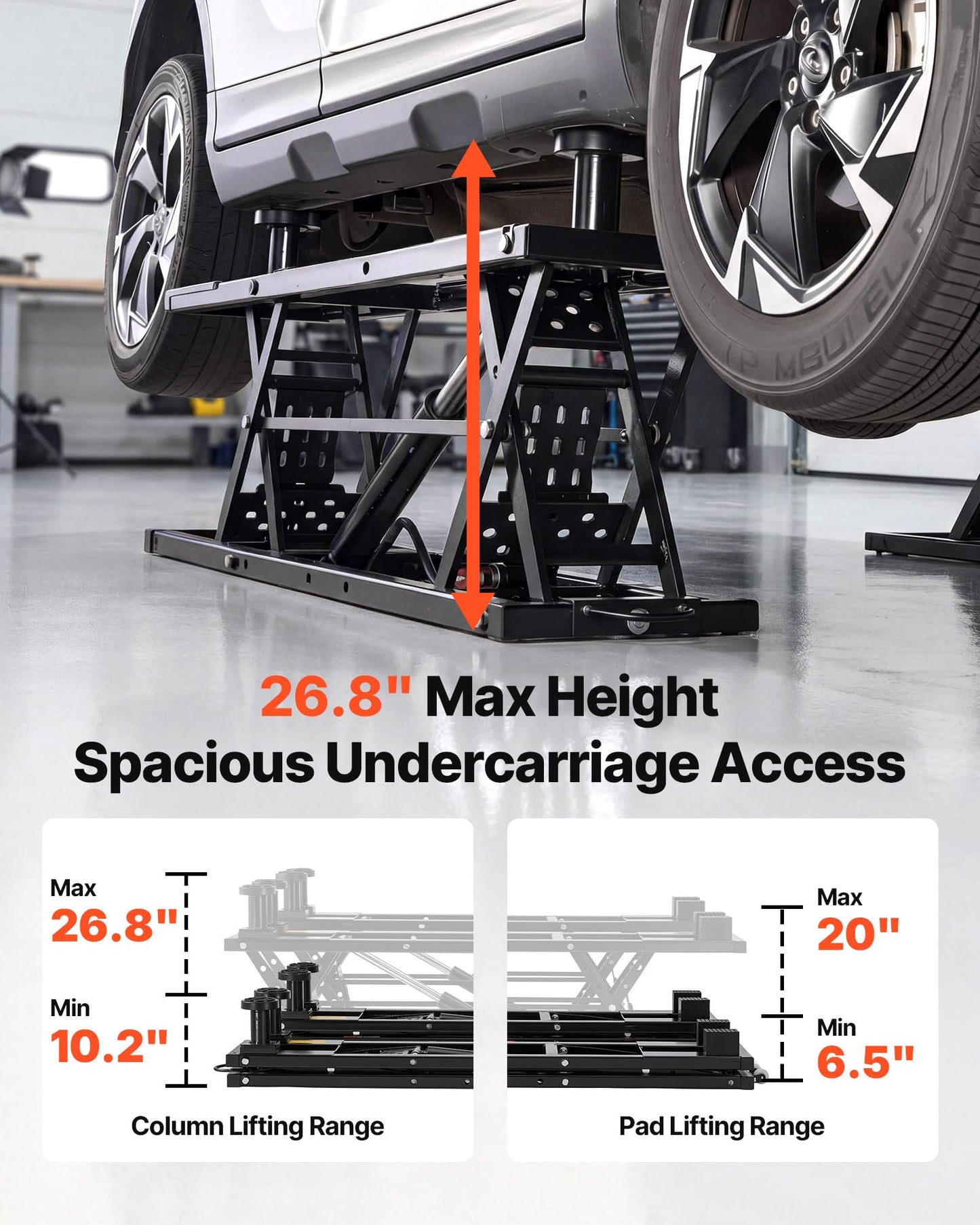 VEVOR Portable Car Lift, 7000 lbs Capacity, Heavy Duty Steel Truck Lift with 26.8" Max Height, Pneumatic Pump, Wheels, 4 Rubber Pads & 4 Lifting Columns for Cars, SUVs, Trucks, Home Garage or Shop Use