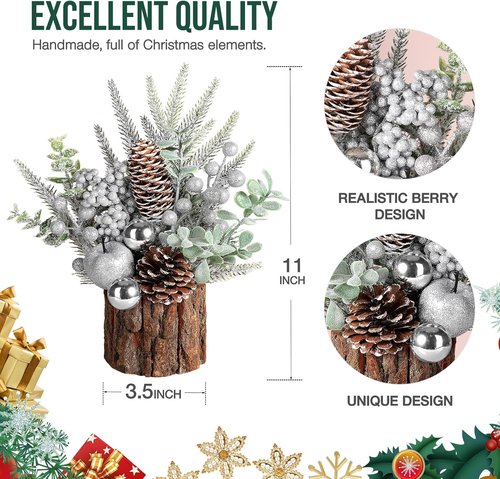 Hatisan Small Christmas Tree - Artificial Pine Cone & Berry Decor | Tabletop Holiday Decoration (Silver Round)