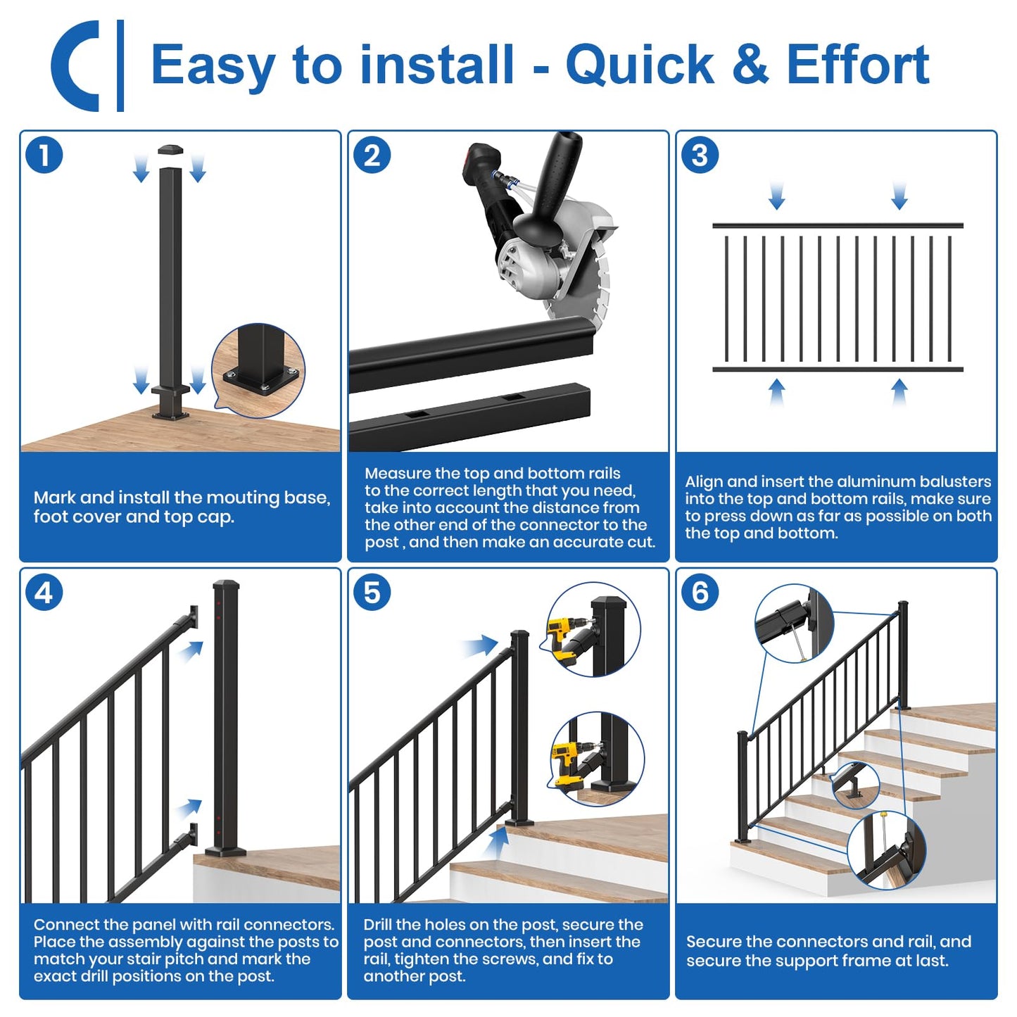 CKE 36 in. H x 6 ft. W Porch and Deck Railing Kit with Post, Aluminum Stair Railing Kit Outdoor, AAMA 2604 Textured Matte Black Stair Railing System for Decks, Porches & Balconies(2 Post, 2 Panel)