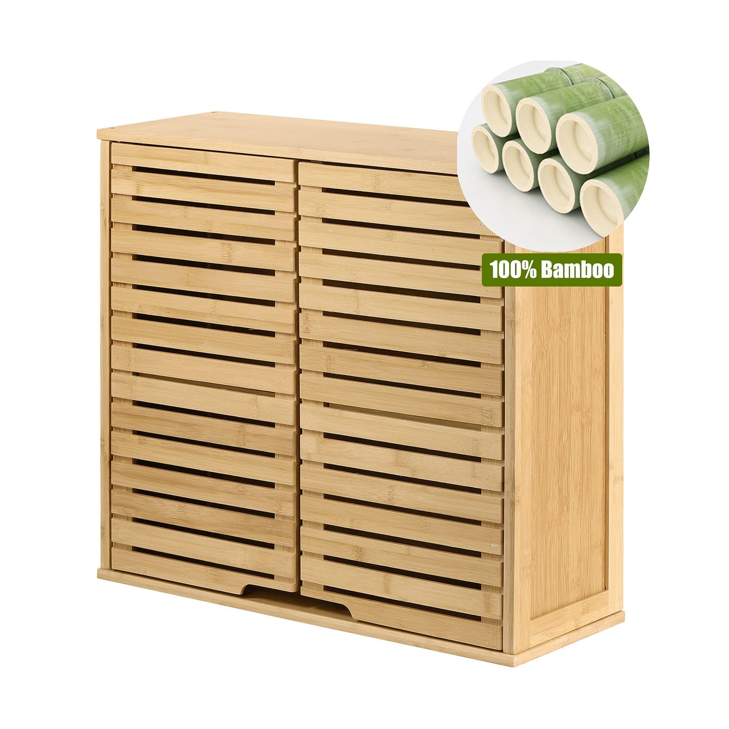 HYNAWIN Bathroom Wall Mounted Bamboo Storage Cabinet with Double Doors, 2-Tier Adjustable Shelf, Over Toilet Organizer for Bathroom, Kitchen, Entryway