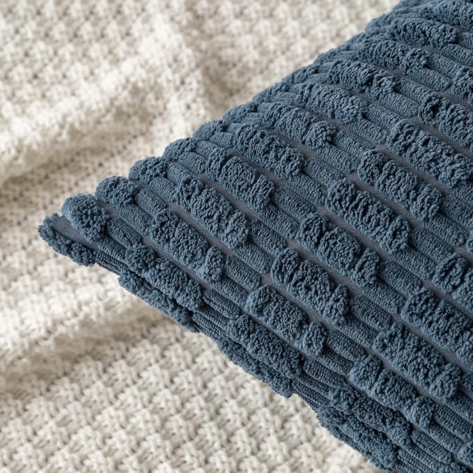 MIULEE Pack of 2 Corduroy Decorative Lumbar Throw Pillow Covers 20x12 Inch Soft Boho Striped Pillow Covers Modern Farmhouse Home Decor for Summer Coastal Sofa Living Room Couch Bed Blue