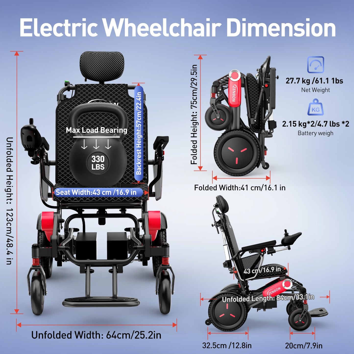 Electric Wheelchairs for Adults/Seniors ZENBON, 30 Miles Cruise Range, Automatic Backrest Adjustment Powered Wheelchair, Portable Foldable Lightweight All Terrain Electric Mobility Chair 632B