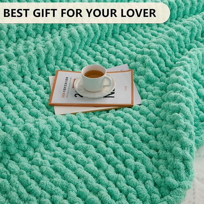 L'AGRATY Chunky Knit Blanket Throw: 60''x80'' Chenille Chunky Knitted Throw Blankets for Bed Couch - Handmade Thick Big Cable Knit Blanket - Large Crochet Rope Blankets for Home Decor(Aqua)