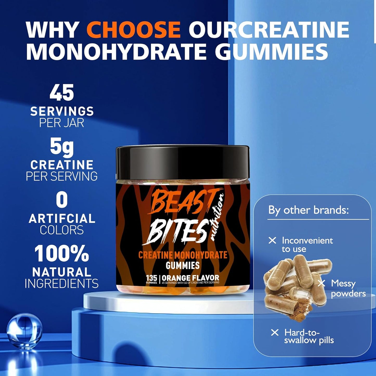 Creatine Monohydrate Gummies for Men & Women - 5g of Creatine Monohydrate per Serving - Sugar Free,Vegan, Orange Flavor, 135 Count (45 Servings).