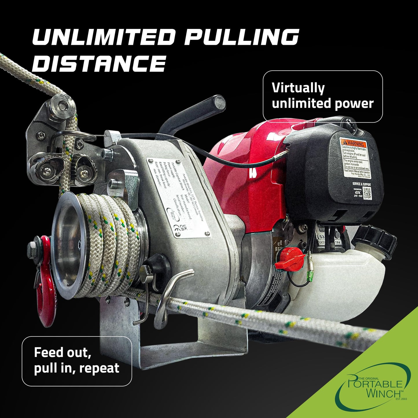 Portable Winch PCW4000 Gas Powered Capstan Winch, 2200 lb Pulling Force, Portable Honda GX50 Engine, Unlimited Rope Length for Hunting, Logging, and Towing