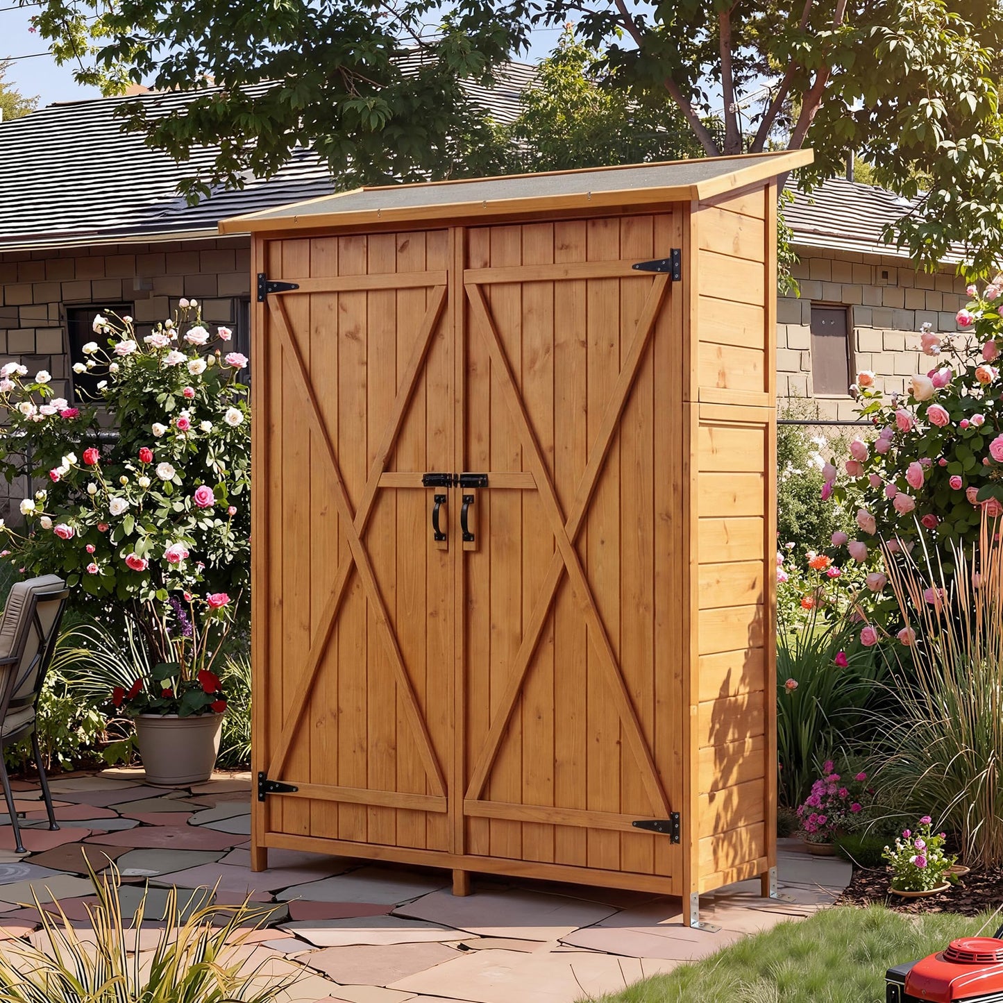 Outdoor Storage Cabinet with 2 Shelves & Lockable Doors- Wooden Garden Shed with Floor and Waterproof Roof for Patio, Backyard, Deck, Lawn Organization Tall Wood Tool Shed, Large Storage Space