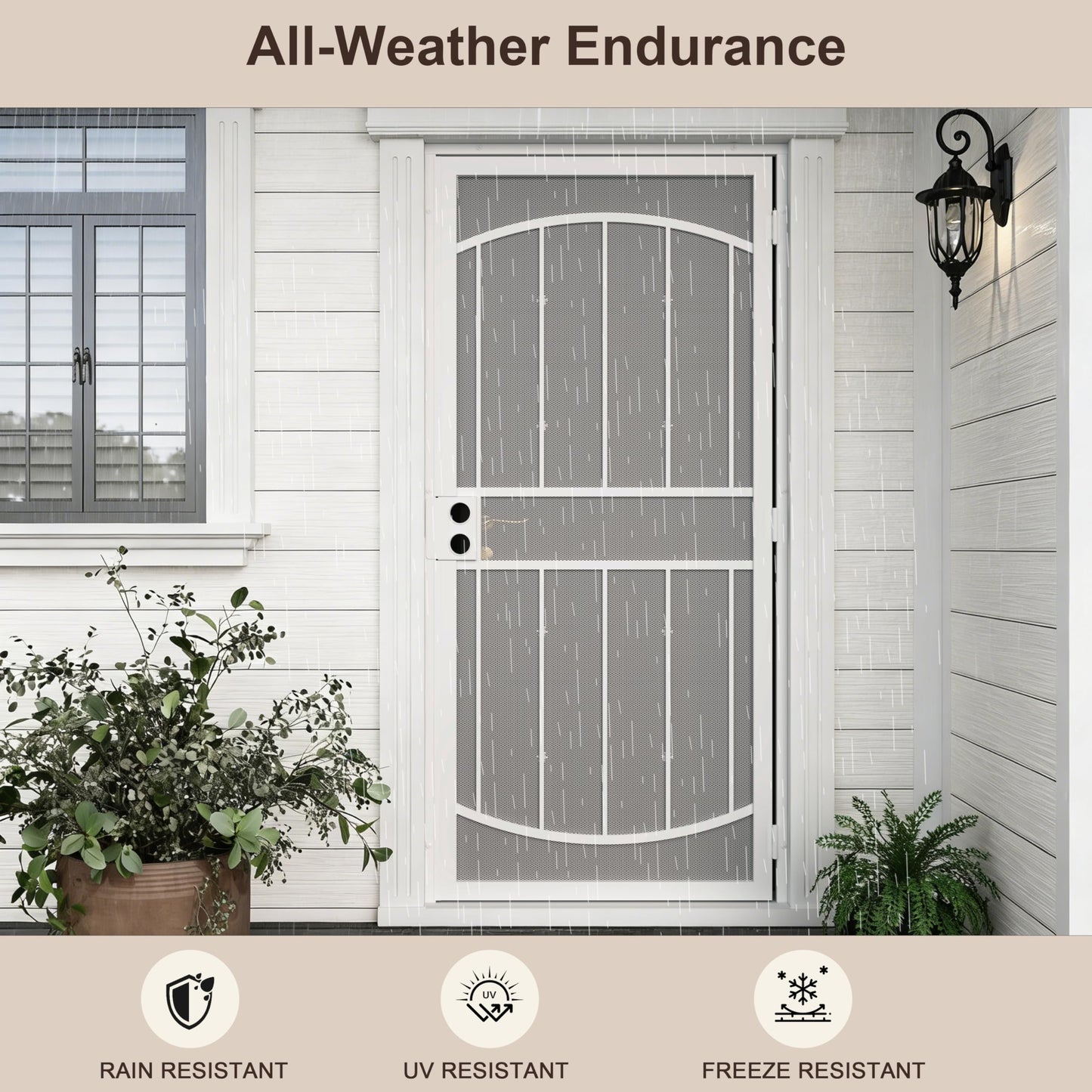 JUBEST 36" x 80" Steel Security Door, Universal/Reversible Outswing Security Screen Door, White Powder-Coated Surface Mount Frame with Expanded Metal Screen, Rust-Resistant, No Handles Included