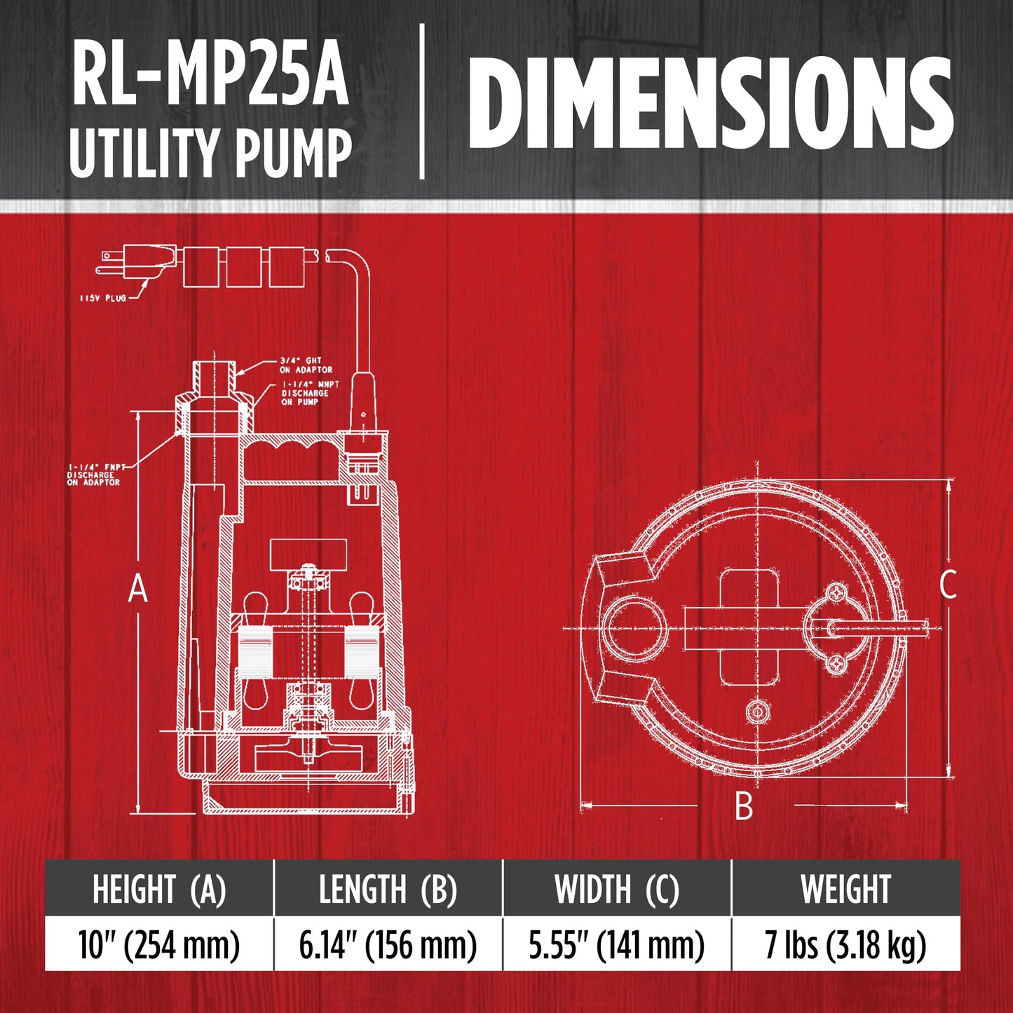 Red Lion RL-MP25A 115 Volt, 1/4 HP 2200 GPH Automatic Thermoplastic Submersible Utility Pump, 10-Ft. Cord, Black, 14942735