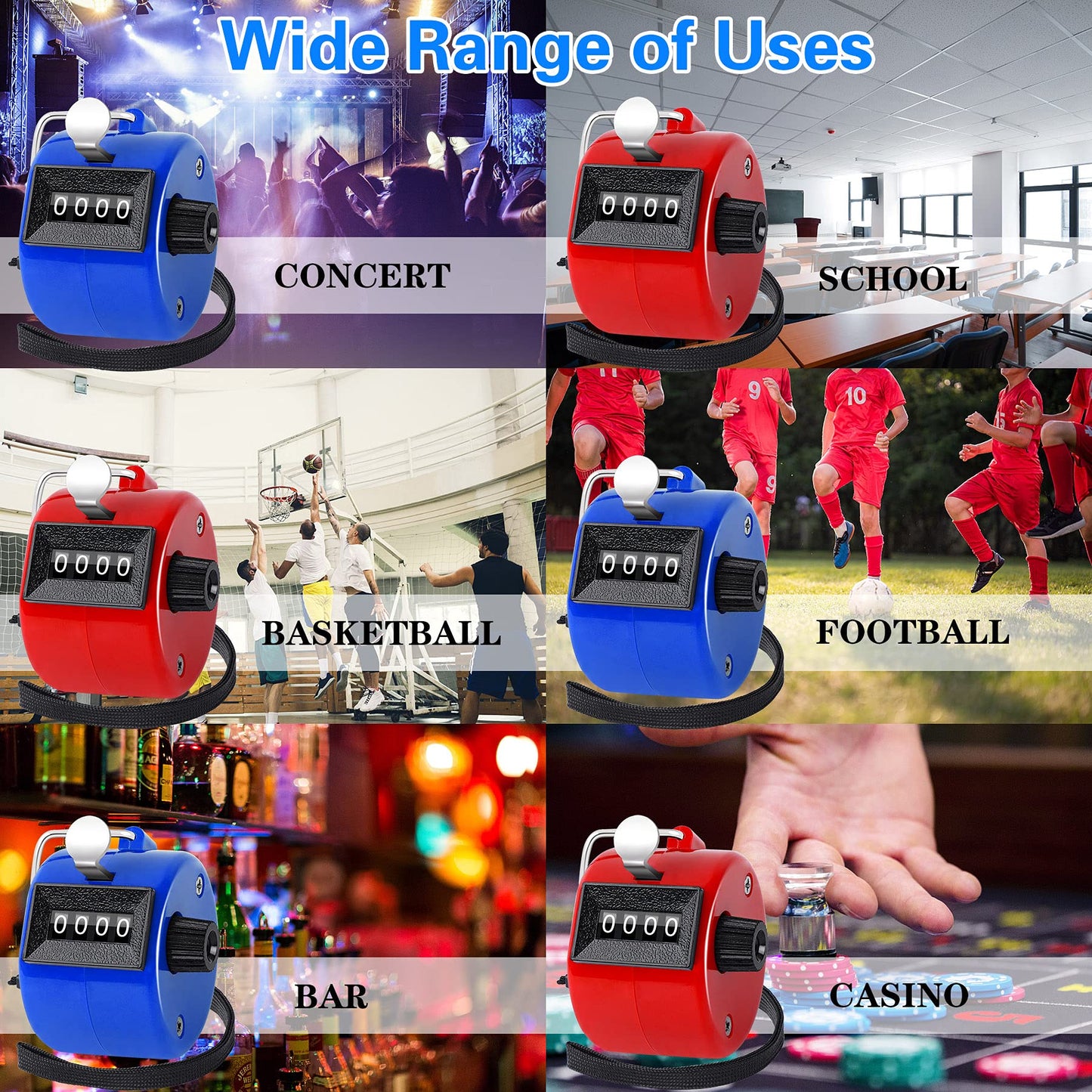 FEBSNOW 2 Pack Hand Tally Counter 4 Digital Click Counter for Sport Row School Event (Red Blue)