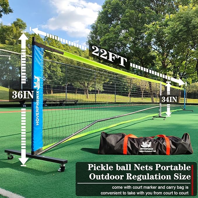 Hoverphenix Pickleball Net for Driveway, 22FT Regulation Size Pickleball Net with Paddles Set of 4, Pickleballs and Carry Bag for Outdoor Indoor Game