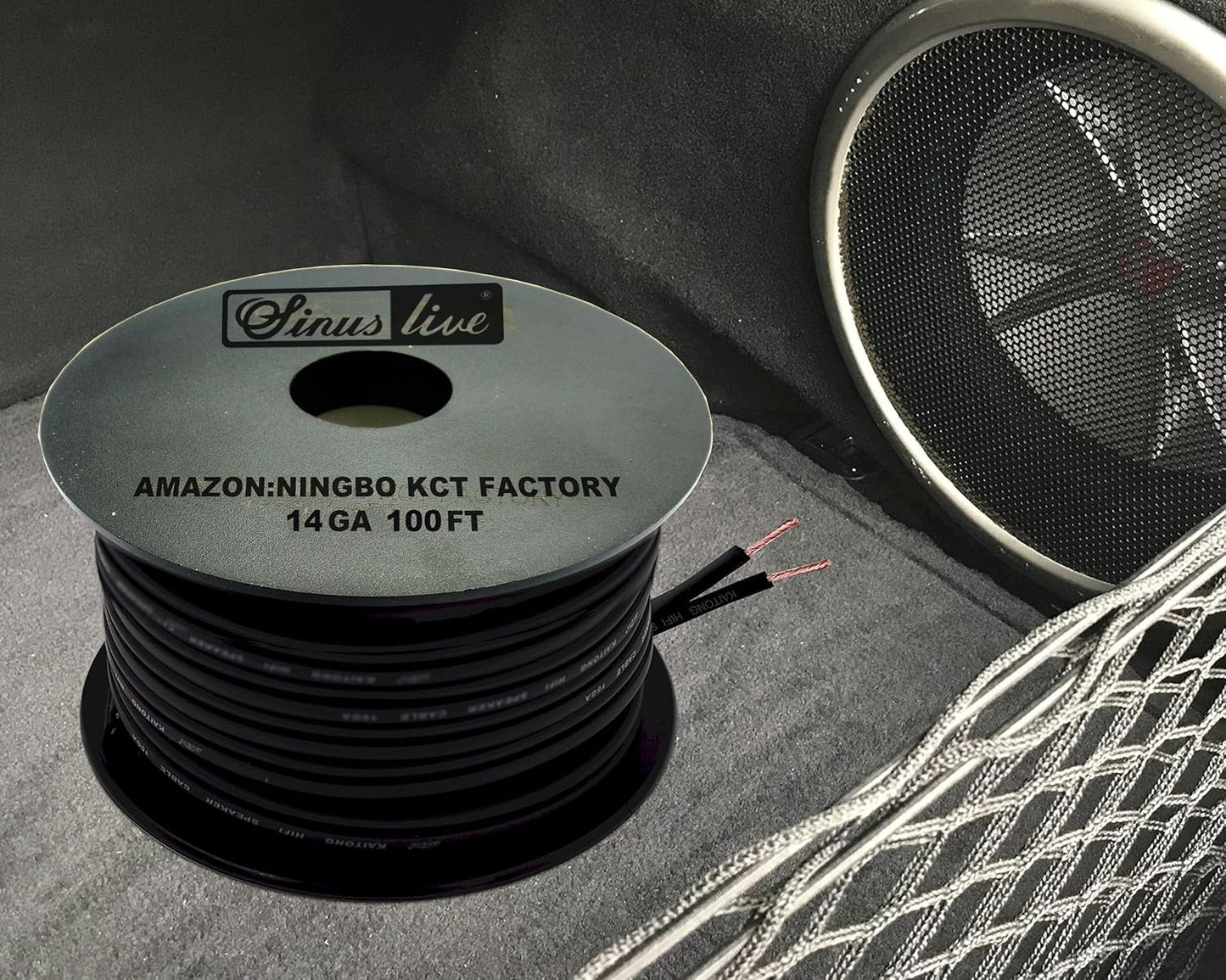 14AWG 50FT 100FT (100FT), Sinus Live Gauge Speaker Cable Speaker Wire Black Elastic PVC, Great Use for Car Speakers