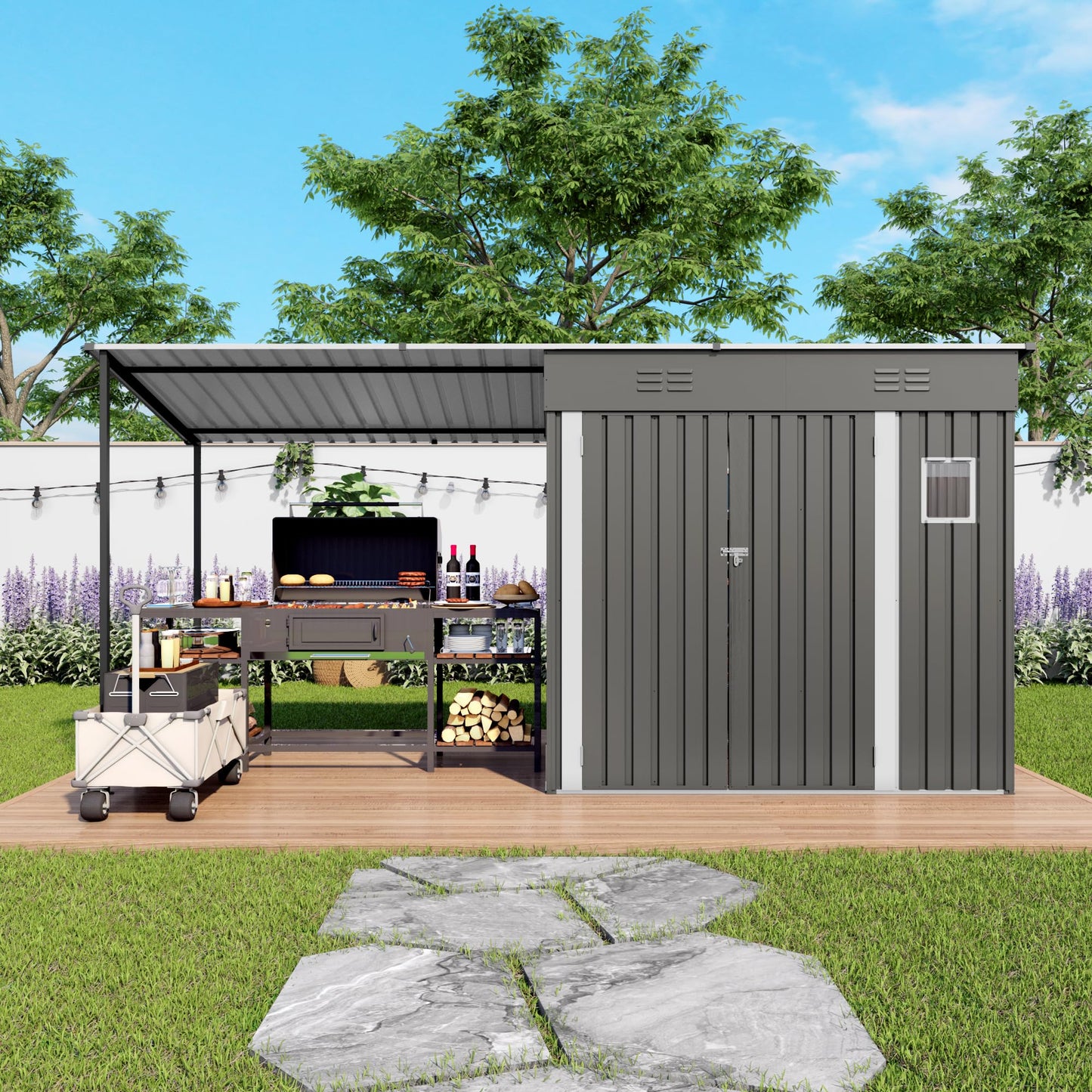 Praxatek 2-in-1 Metal Outdoor Storage Shed with Hardtop Pergola, 4x12 Ft, Gray, Sloped Roof, for Backyard, Patio, Garden