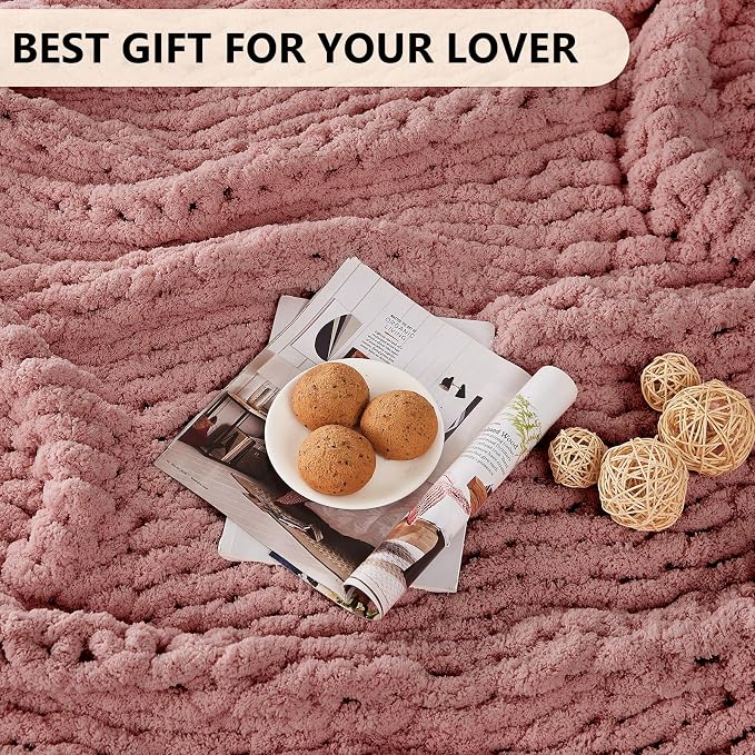 L'AGRATY Chunky Knit Blanket Throw: 72''x84'' Chenille Chunky Knitted Throw Blanket for Bed Couch - Handmade Thick Big Cable Knit Blanket - Large Crochet Blankets for Home Decor(Rose Pink)