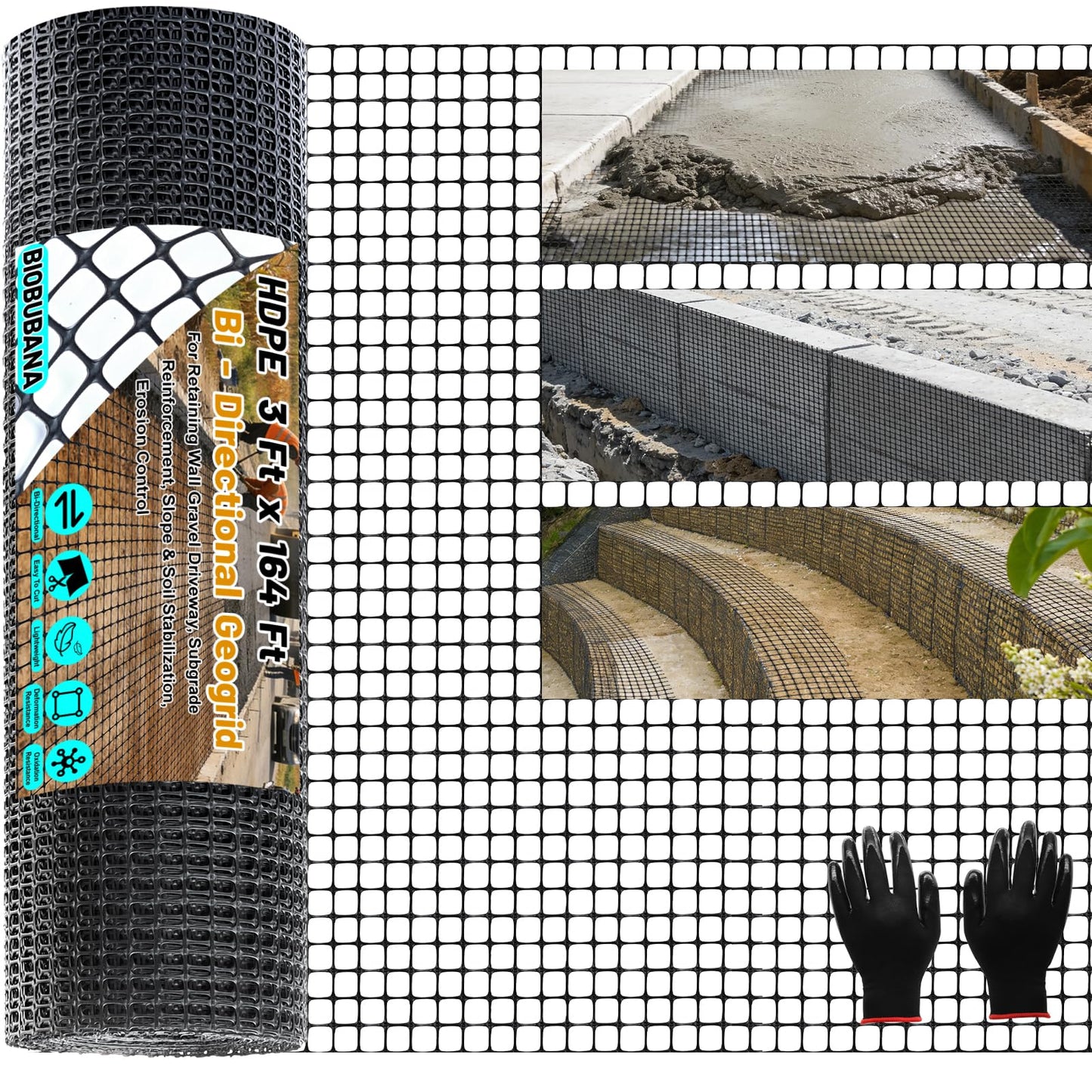 3 Ft x 164 Ft Geogrid for Retaining Wall, Bi-Directional Geo Grid Roll with Gloves, HDPE Geogrid for Gravel Driveway, Subgrade Reinforcement, Slope & Soil Stabilization, Erosion Control