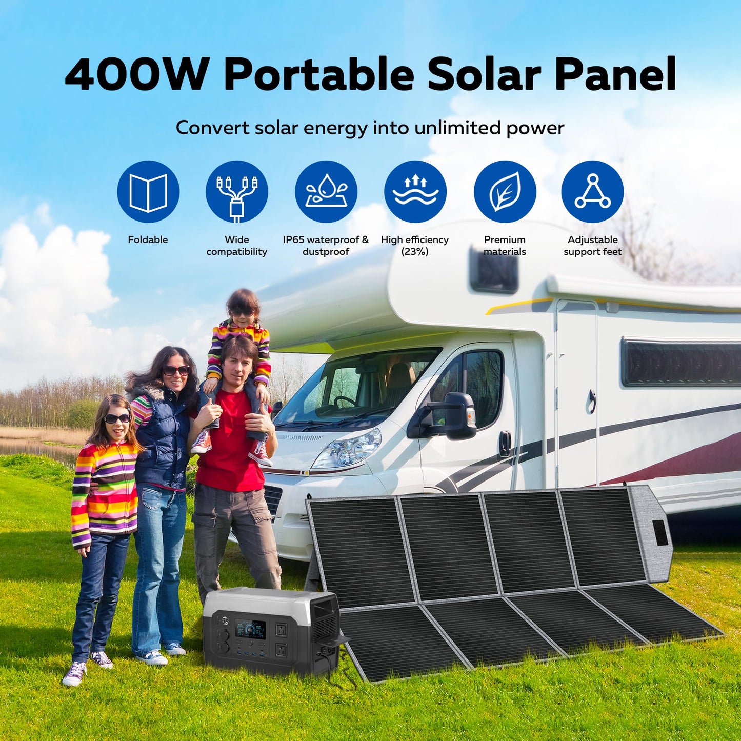400W Portable Solar Panel, Camping Essentials Foldable Solar Panels Charger with Adjustable Kickstand IP65 Waterproof for Power Station Outdoor RV Camer Off Grid Hiking Emergency Power Backup