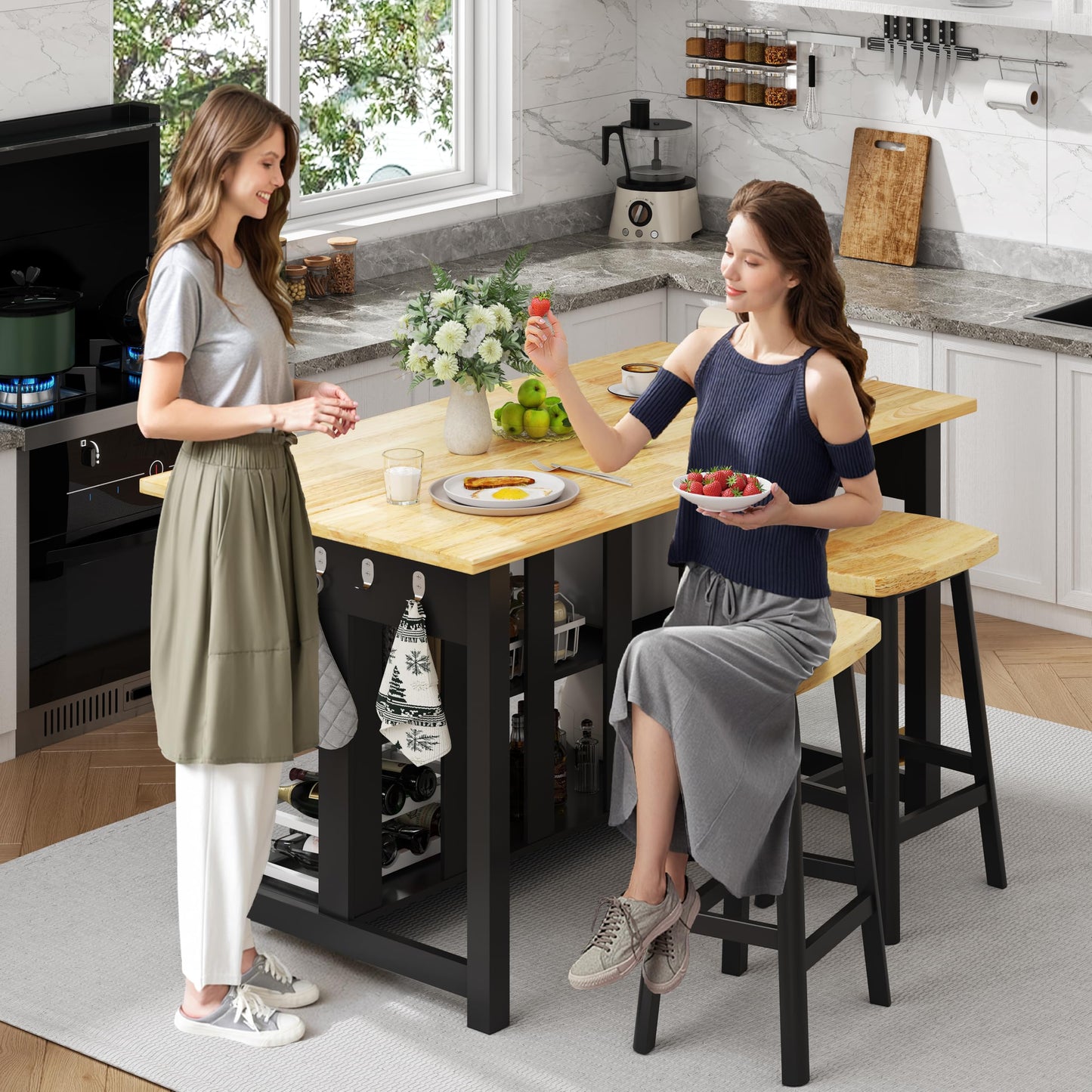 DynJest 47.3" Solid Rubberwood Kitchen Island with Power Outlets - Extra Large Work Surface, 2 Drawers & Open Shelves Storage Cabinet for Kitchen Dining Room, Farmhouse Style (Black)