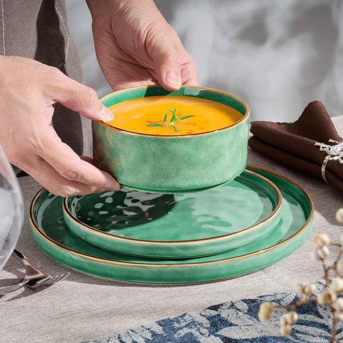 Herogo 18 Pieces Dinnerware Sets, Serving Plates and Bowls Sets for 6, Stoneware Dishes for Dinner, Salad, Cereal, Dishwasher & Microwave Safe, Gemstone Green