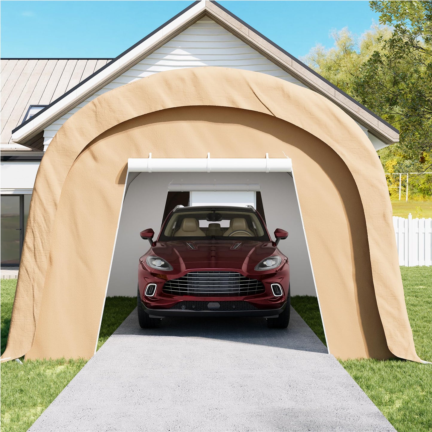 COSIEST 10'×20' Storage Shelter Outdoor Round Carport, Heavy-Duty Garage Canopy with Dual Roll-Up Doors Weatherproof PE Cover, Multi-Purpose Vehicle/Tractor Shed for Backyard/Driveway/Farm(Beige)