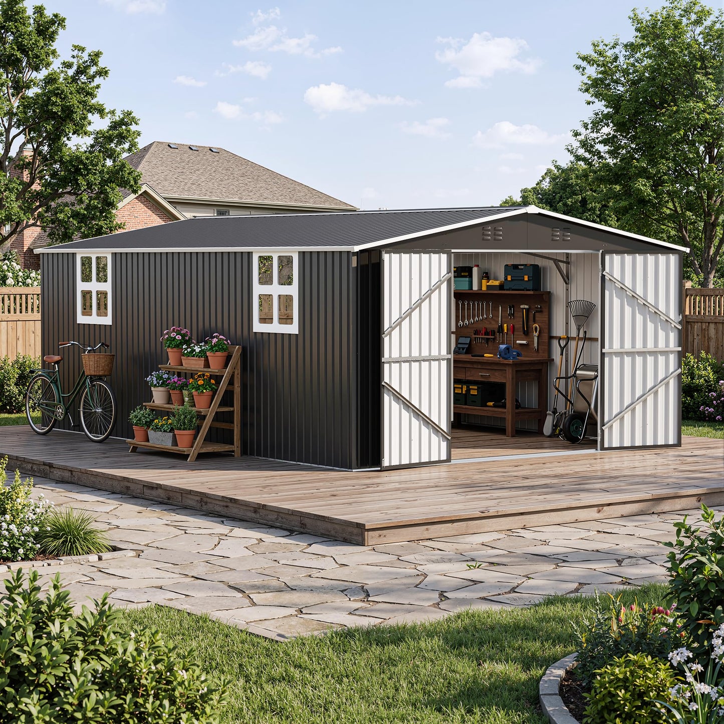 Polar Aurora 12x18 FT Outdoor Storage Shed, Garden Shed with Window, Updated Frame Structure and Lockable Doors, Metal Tool Sheds for Backyard Garden Patio Lawn, Black
