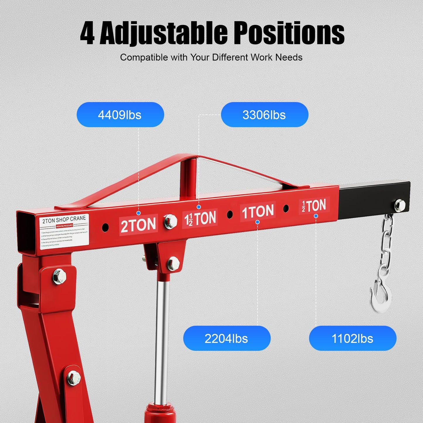 2T Hydraulic Engine Hoist, Folding Engine Crane, 6.89ft Lifting Height 4 Adjustable Positions Carbon Steel Material Argon Arc Welding Crane Complete Set W/6 Universal Wheels For Workshops, Red