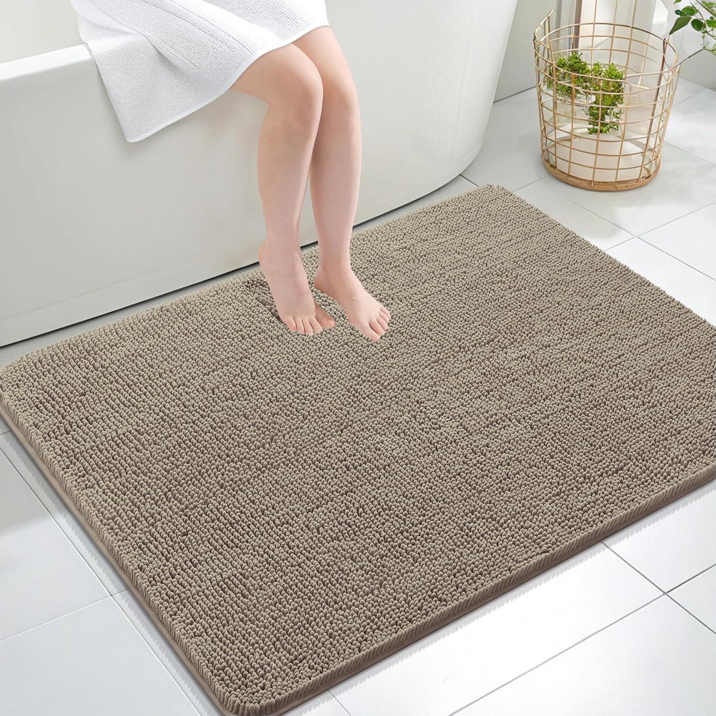 OLANLY Large Bath Rugs - Extra Soft Chenille with Rubber Backing | Quick Dry & Machine Washable - Warm Taupe 40x32