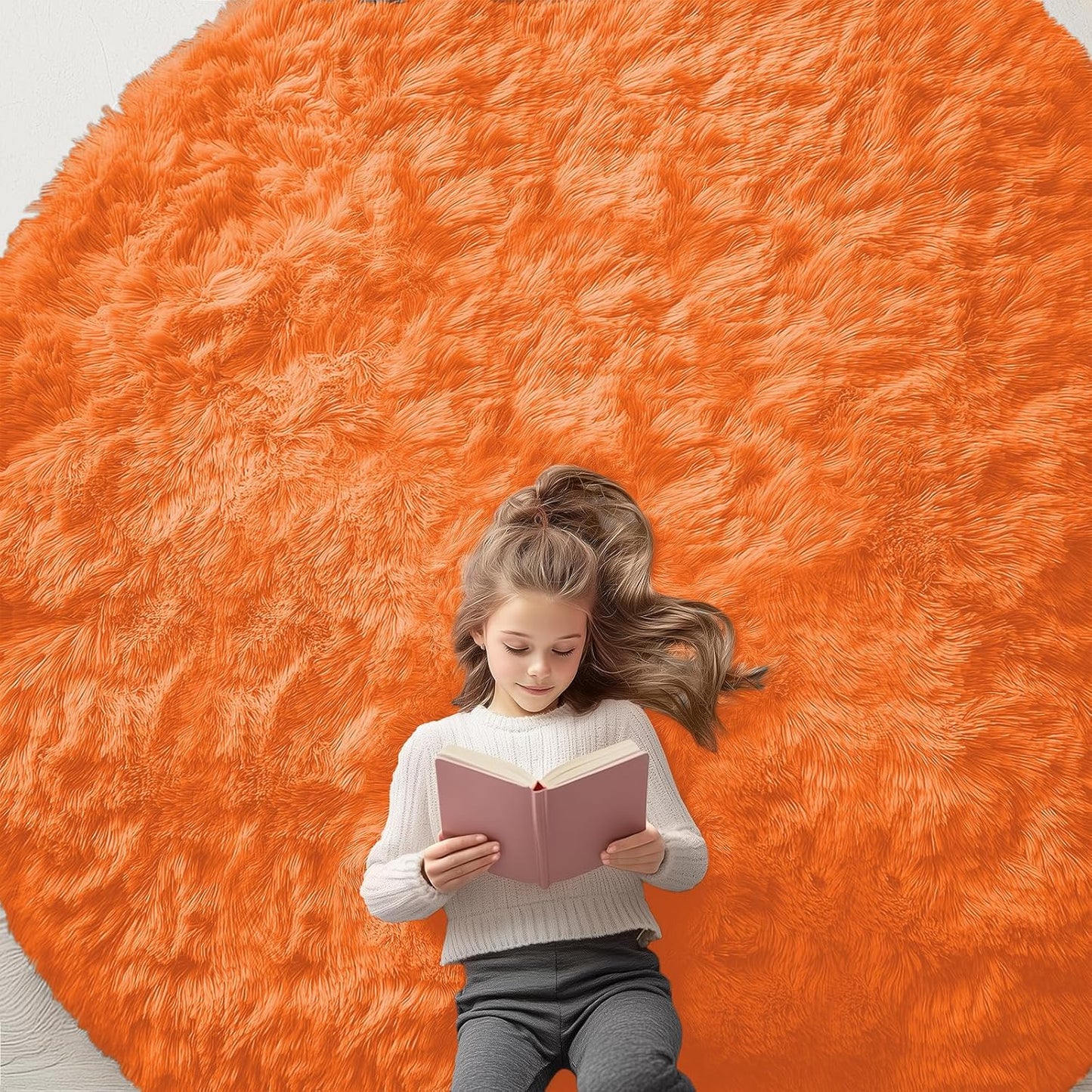 OLANLY Orange Round Rug - Soft & Fluffy 8 ft Circle Area Rug for Bedroom, Living Room & Nursery Decor