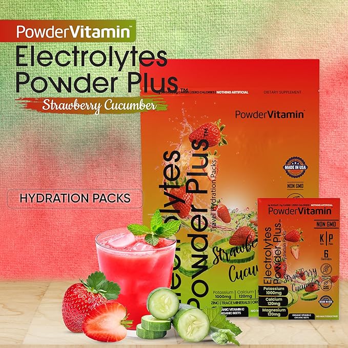 PowerVitamin Electrolytes Powder Packets - Strawberry Cucumber - Keto Electrolytes for Daily Energy - Hydration Powder with 1000mg Potassium, 120mg Magnesium, Zero Calories - 30 Hydration Packets
