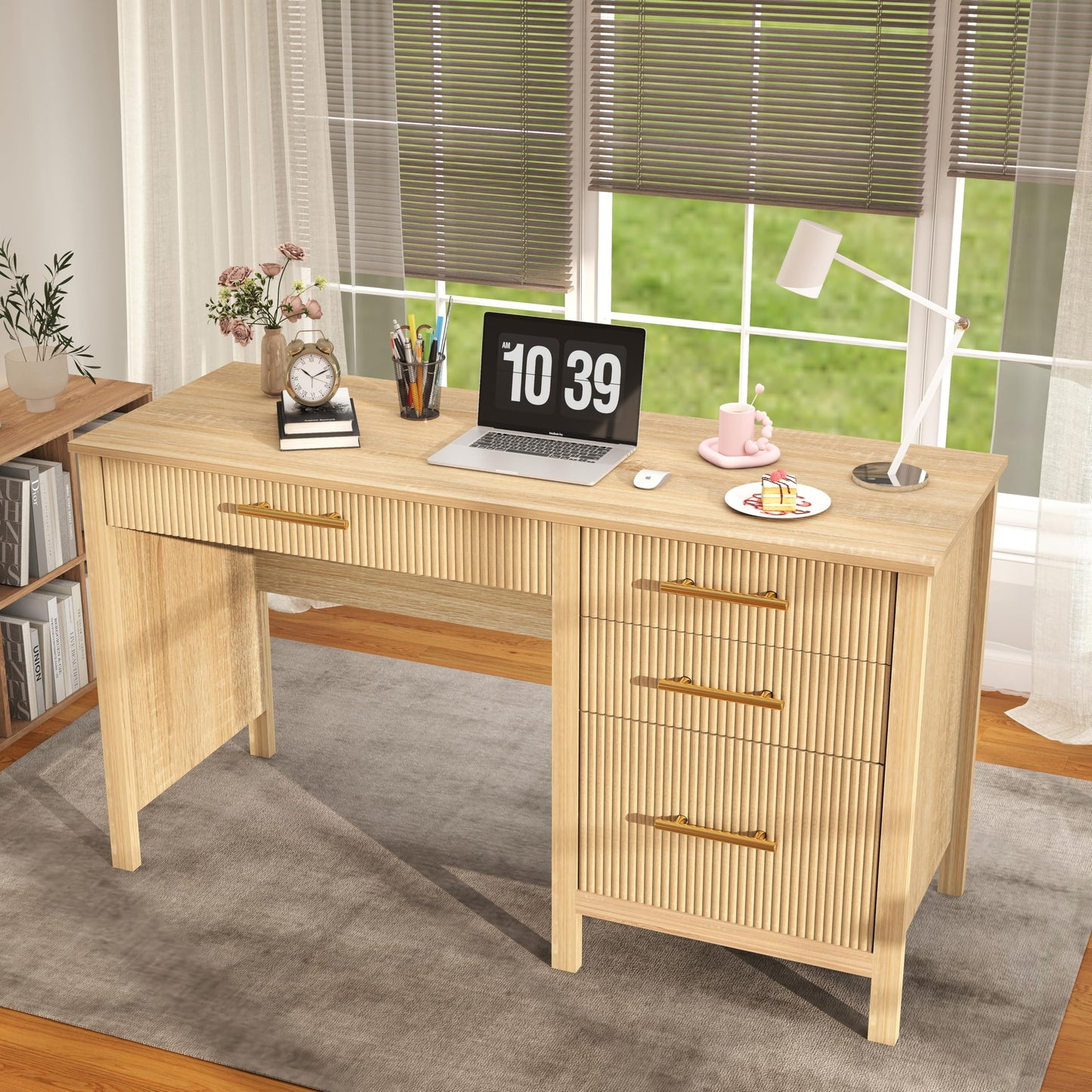 Mhsatyrs Modern Executive Desk with Drawers: 55" Oak Home Office Desks with File Drawers, Fluted Desk with Storage, Wood Computer Desks for Work, Study and Living Room (Oak, 54")