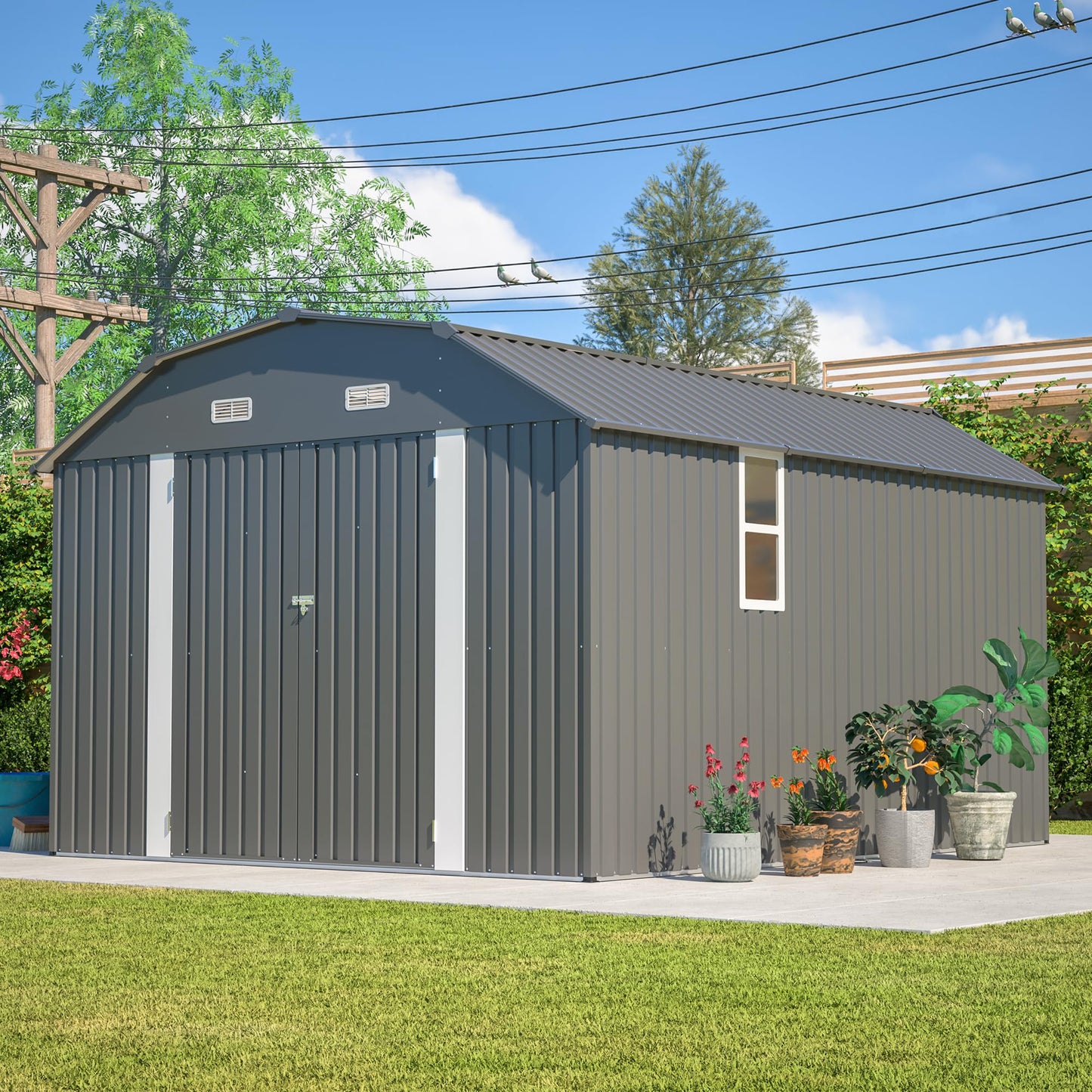 Outdoor Storage Shed, 10 X 12 FT Large Metal Utility Tool Sheds with Floor Frame & Windows, Steel Garden Shed with Updated Frame Structure for Backyard Patio Lawn, Grey