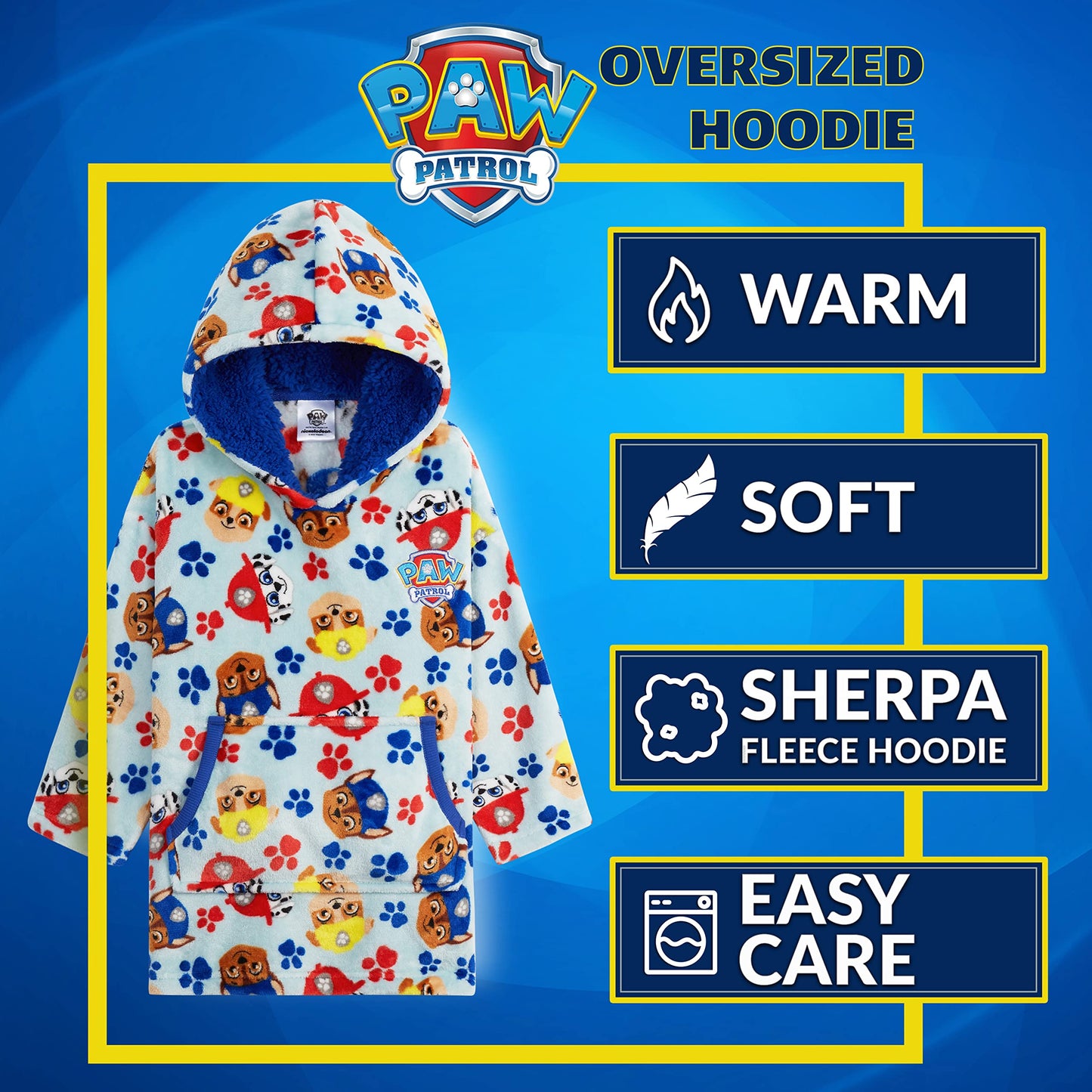 Paw Patrol Blanket Hoodie for Kids Toddlers, Fleece Wearable Blanket with Sherpa Hood, Marshall Rubble Chase Gifts for Kids (Blue, 2-4 Years)