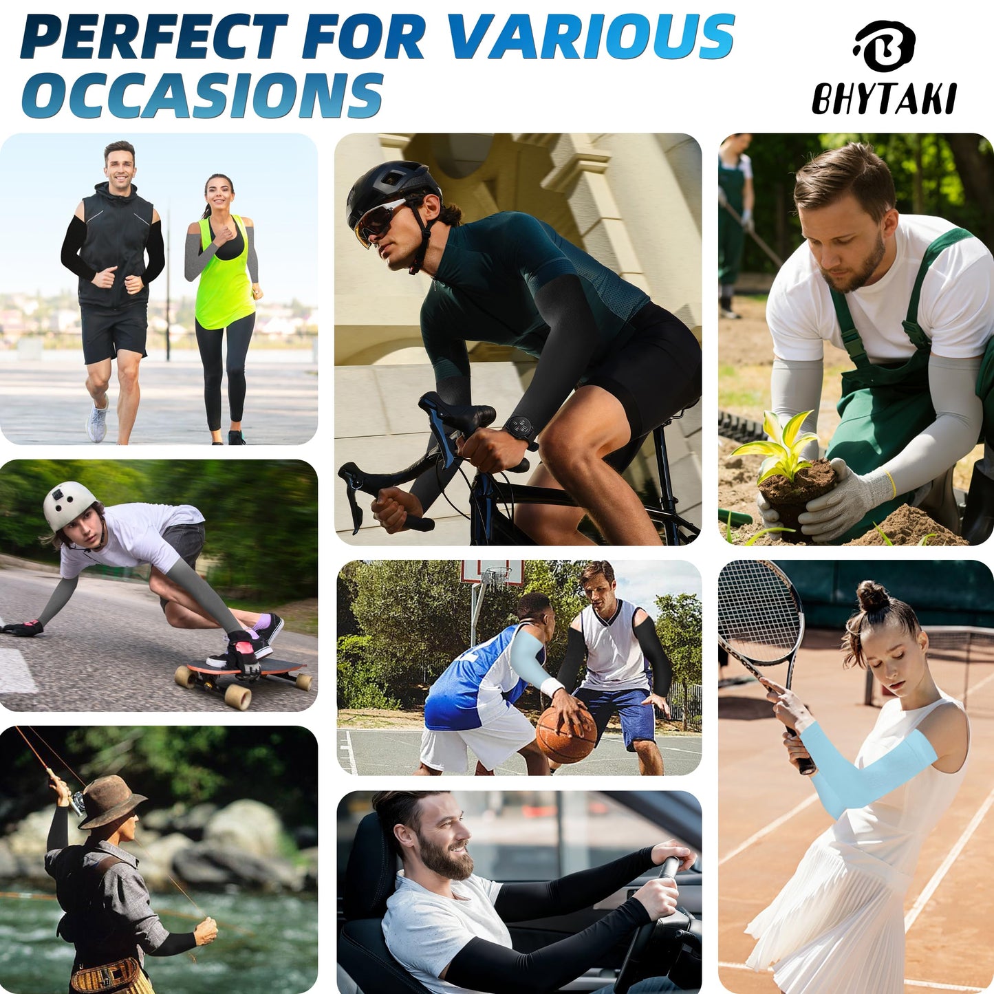 BHYTAKI 4 Pairs UV Sun Protection Arm Sleeves, UPF 50 Sports Cooling Arm Compression Sleeves for Men Women Teenager