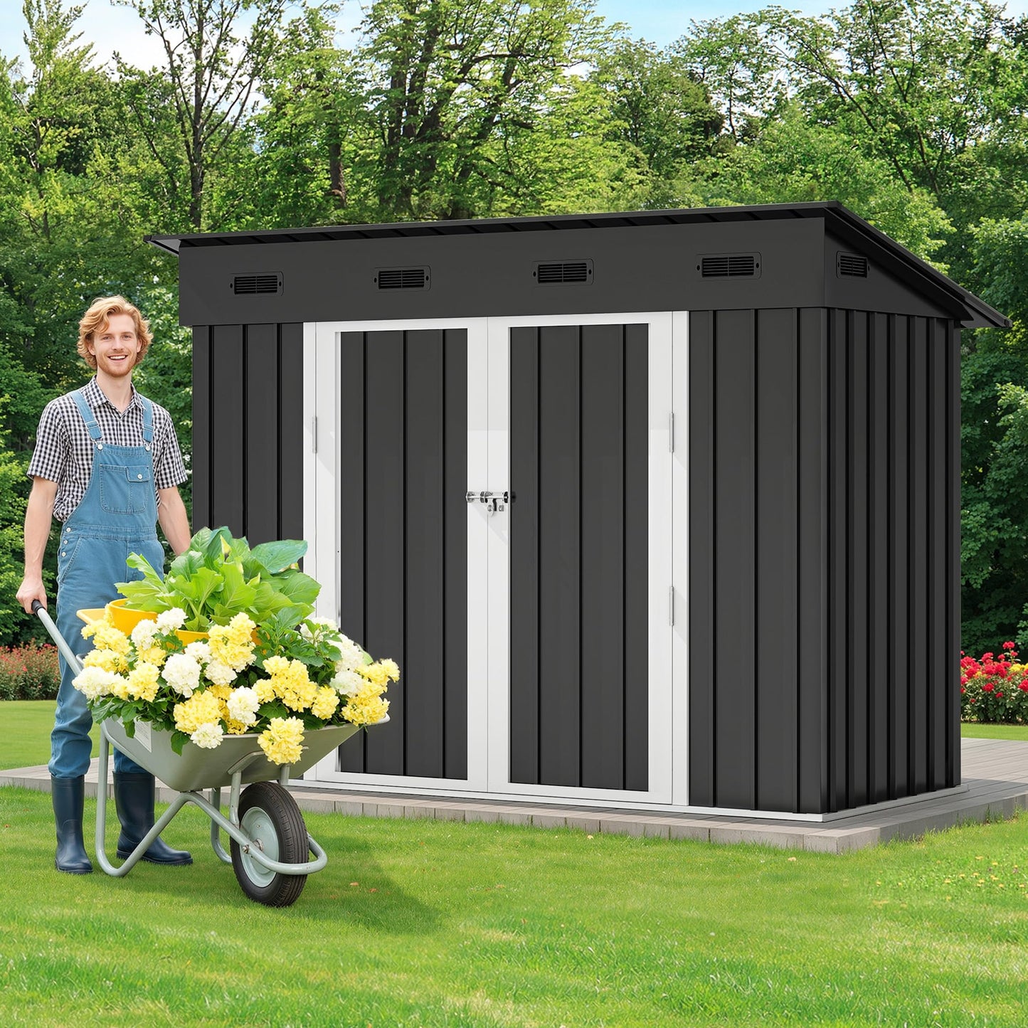 DWVO 8.5' x 3.5' Outdoor Storage Shed, Lockable Double Doors, Sloped Roof, Heavy-Duty Steel Shed for Garden & Patio, Large Backyard Tool Organizer, Dark Gray