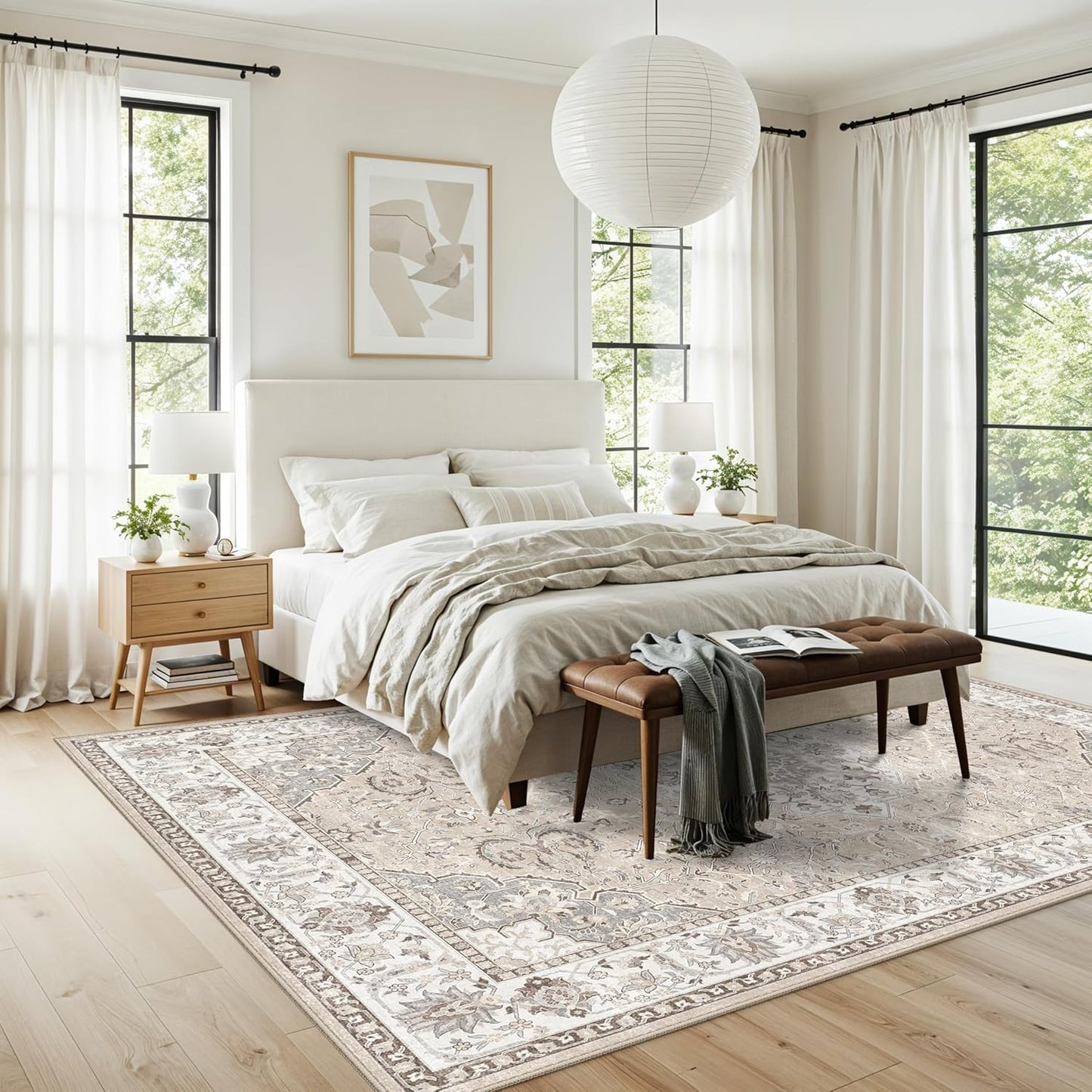 Skiennix 6x9 Area Rug - Farmhouse Washable Ultra Soft Carpet | Stain Resistant & Non-Slip Beige Rug for Living Room, Bedroom, and Dining Room