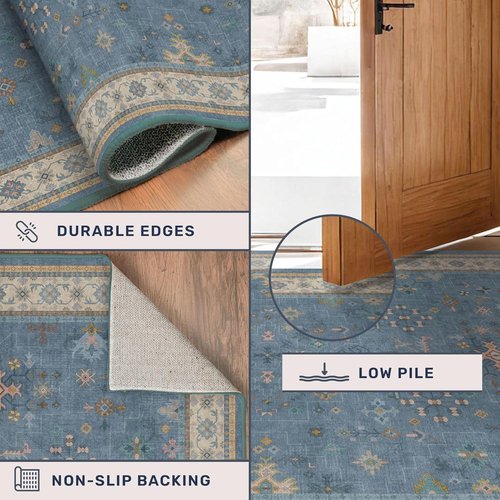 Hazo Haus Area Rug - Dusty Blue 10x14 Washable Lightweight Floral Design for Living Room & Bedroom