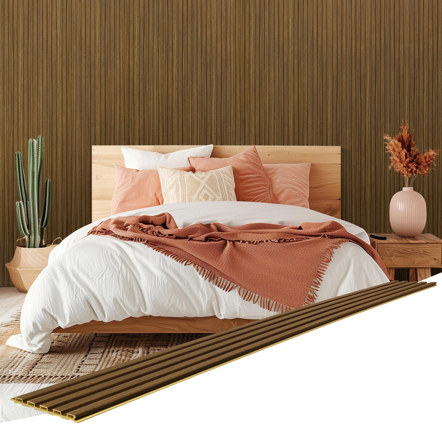 LETKEYS WPC Wainscoting Panels, 16 Packs 48 x 6 Inch 3D Wall Panels for Interior Wall Decor, Living Room, Bedroom, TV Background, Accent Slat Wall Paneling, Light Walnut