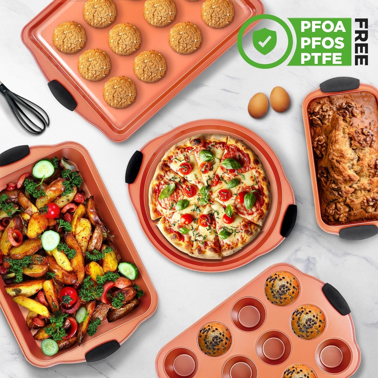 NutriChef 8-Piece Nonstick Baking Pans Set - Durable Carbon Steel Bakeware with Heat-Safe Handles - Rose Gold