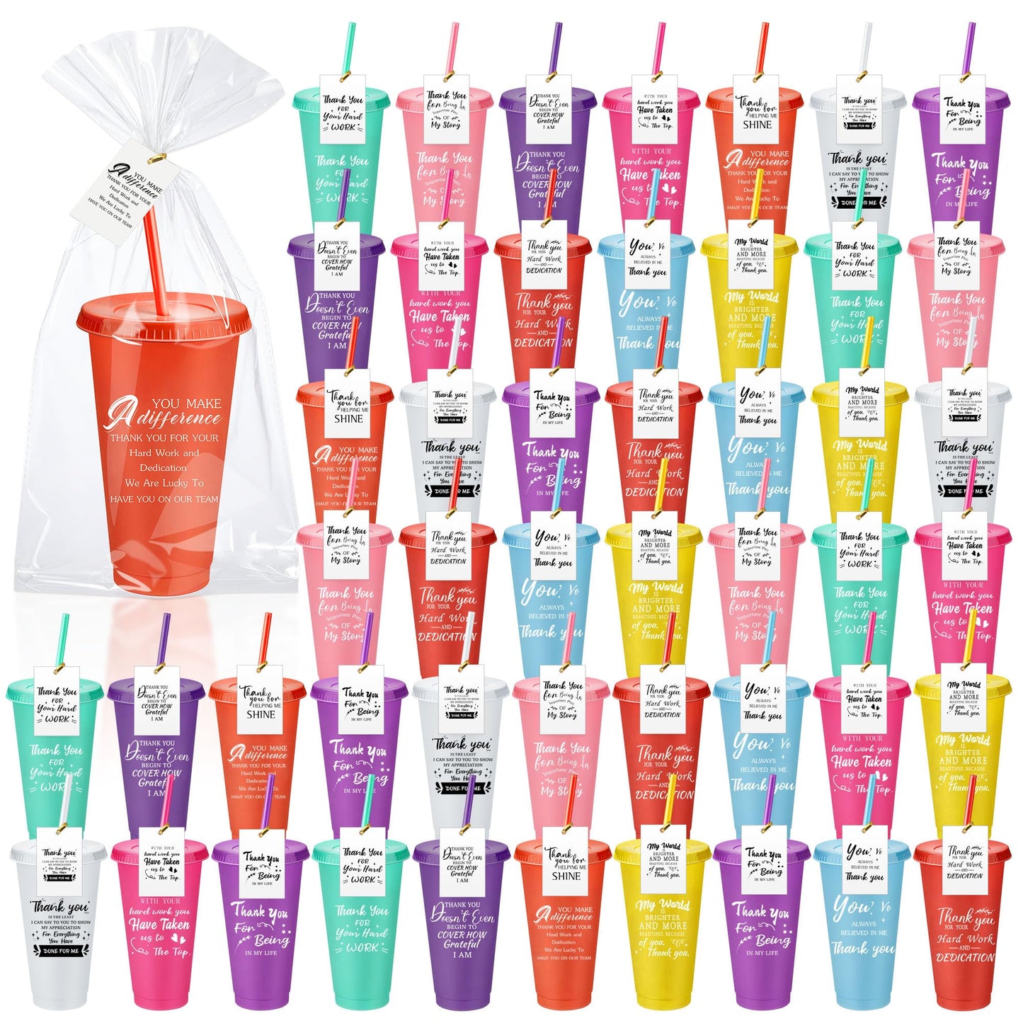 Tioncy 50 Set Employee Appreciation Gifts Bulk Team Thank You Cups 24oz Plastic Tumblers with Lids & Straws for Teacher Nurses Week 2026 Nursing Assistance Volunteer Coworker(Thank You,Multicolor)