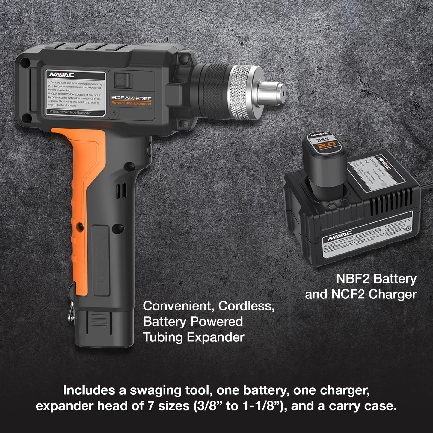 NAVAC NTE11L Power Tubing Expander - Soft or Annealed Copper Swaging Tool - Battery-Operated - One-Button Operation - Quick Connect Expander Heads