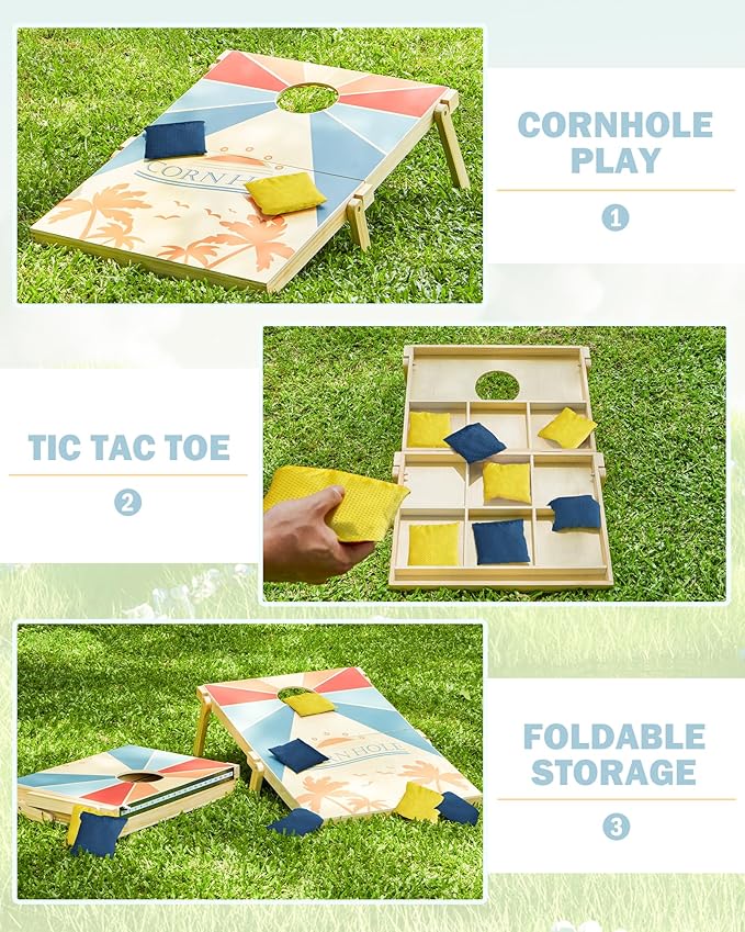 Cornhole and Tic Tac Toe 2 in 1 Game, 3x2 Feet Portable Cornhole Board Set of 2, Outdoor Yard Games for Adults and Family, Solid Wooden Cornhole with 10 Bean Bags