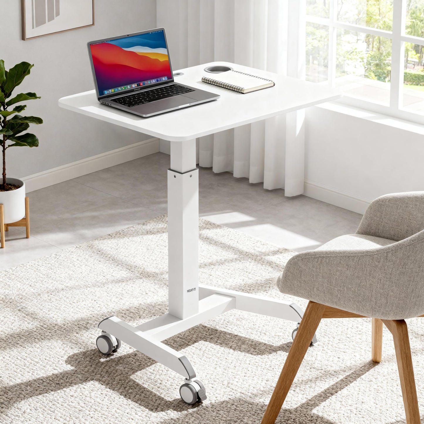 Mount-It! Laptop Cart Rolling Desk Adjustable Height with 28.5" x 22" Tabletop, Ergonomic Sit-Stand Workstation on Wheels Portable for Home Office, Dorm, Classroom, White