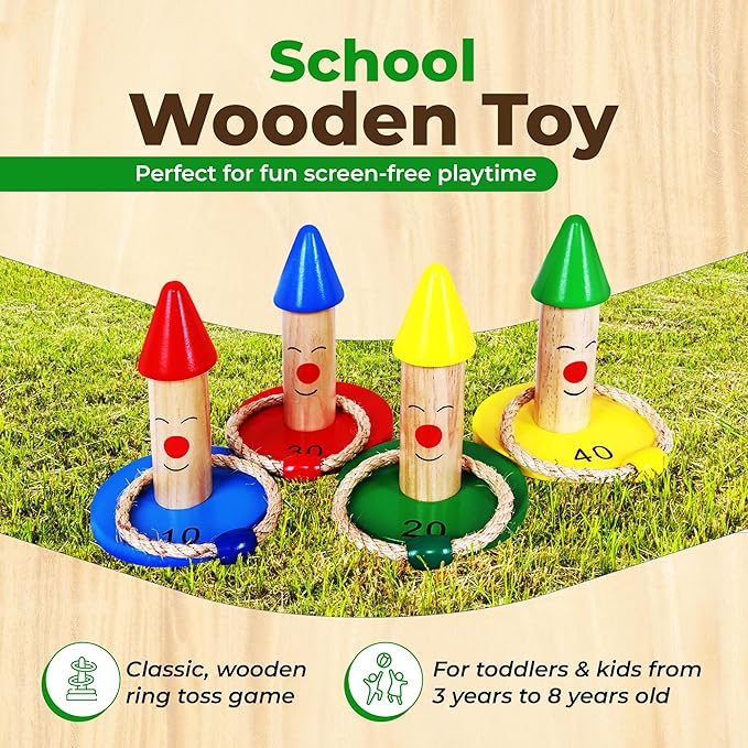 Ring Toss Game for Kids | 8 Pieces Wooden Ring Toss Game Set | Indoor & Outdoor Fun for Toddler and Kids 3+ by OWT