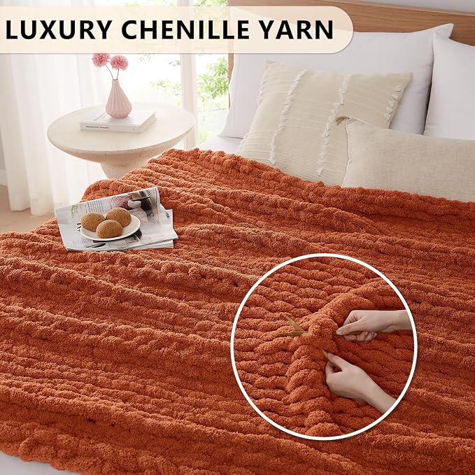 L'AGRATY Chunky Knit Blanket Throw: 60''x80'' Chenille Chunky Knitted Throw Blankets for Bed Couch - Handmade Thick Big Cable Knit Blanket - Large Crochet Rope Blankets for Home Decor(Rusty Orange)