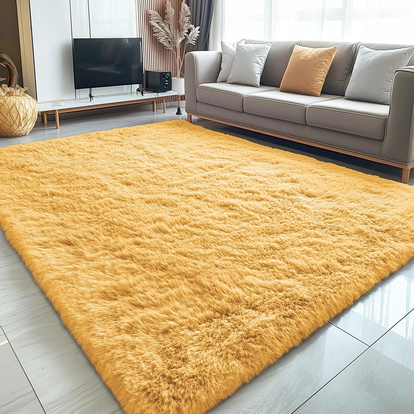 OLANLY Large Area Rug - Soft Fluffy Shaggy Carpet for Living Room & Bedroom | 5x8 Mustard Yellow