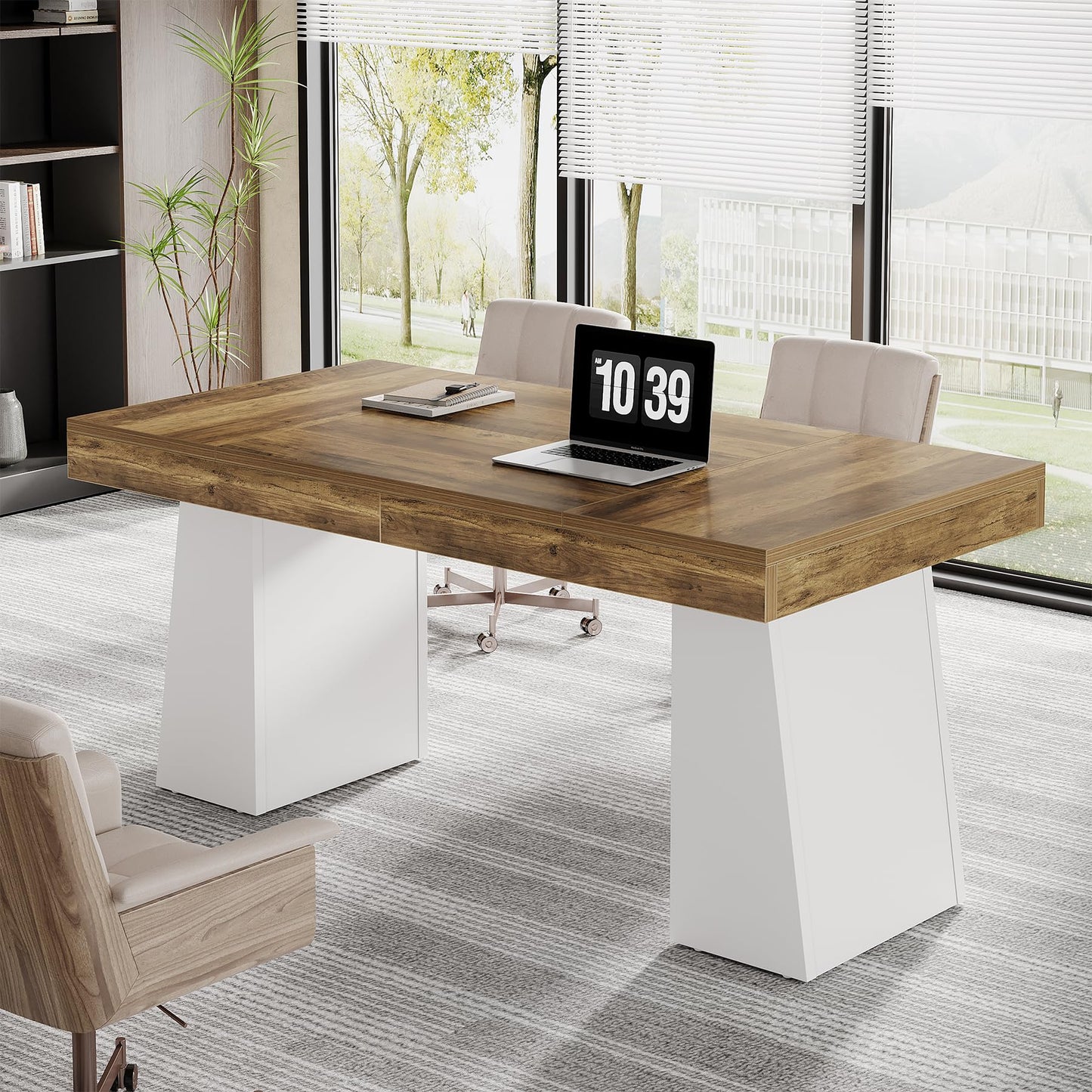 Tribesigns 55 Inches Executive Desk, Mid-Century Modern Home Office Desk, Wood Computer Table Business Workstation Small Conference Table, White & Brown